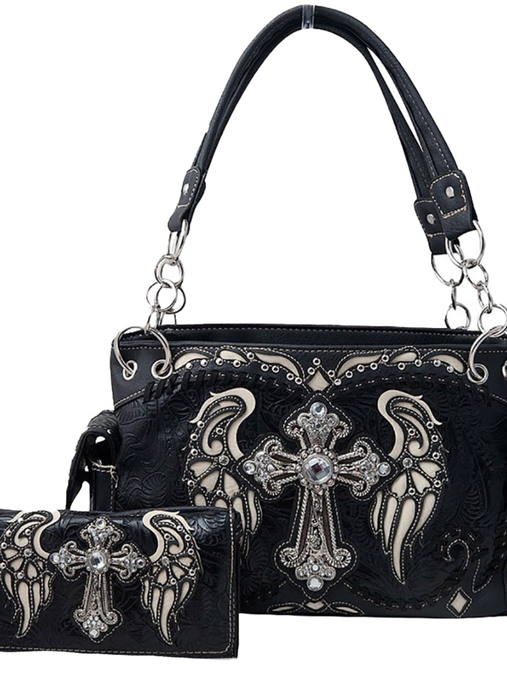 Western Handbag Rhinestone Cross Angelic Wings Concealed Carry Purse and Wallet